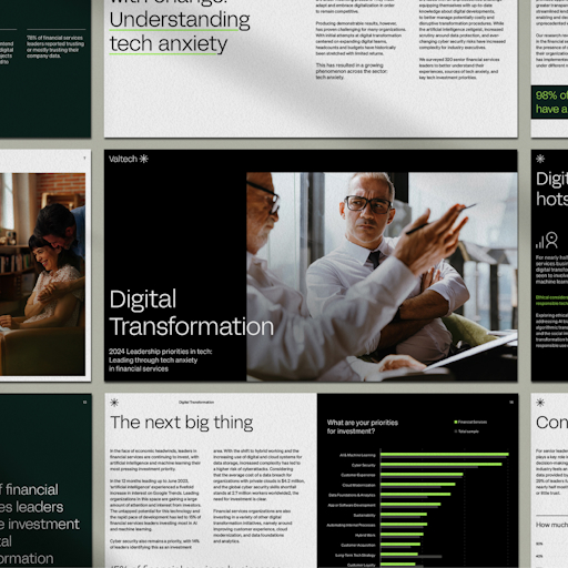 A multi-page mockup showcasing a presentation on digital transformation and leadership in financial services, focusing on addressing tech anxiety.