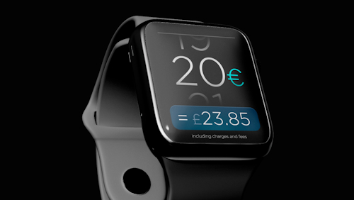 A close-up of a smartwatch, displaying a mobile banking app interface "20€ = £23.85 including charges and fees". The image conveys the concept of using wearable technology for secure and efficient mobile banking.